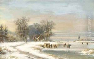 Skaters on the ice by a koek en zopie, a windmill in the distance