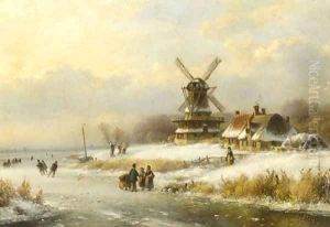 Skaters on a frozen waterway by a windmill