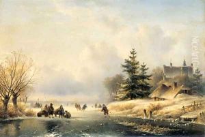 Skaters on a frozen waterway, a mansion beyond