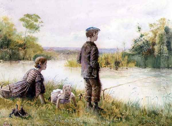 Children fishing by a stream - view 1
