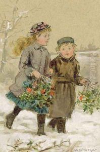 Children Playing in the Snow Collecting Holly by George Goodwin Kilburne