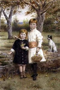 Two Sisters with a Basket of Flowers by George Goodwin Kilburne