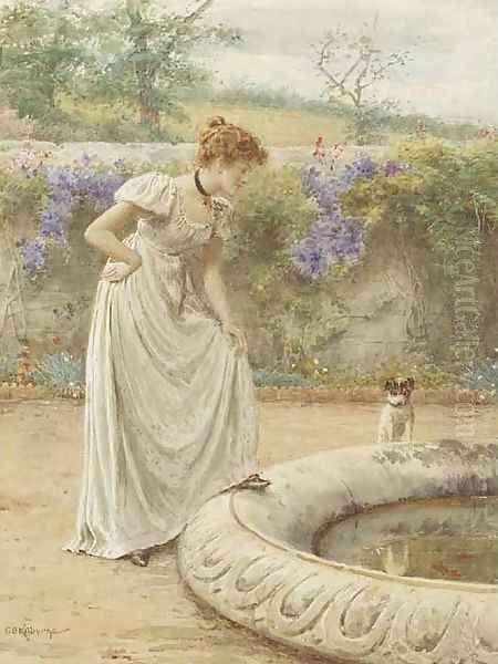 A lady and her dog looking into a fish pond - view 1