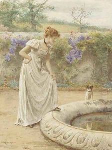 A lady and her dog looking into a fish pond by George Goodwin Kilburne