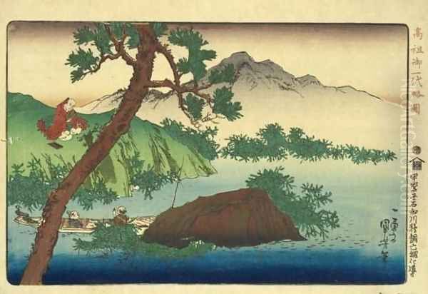 Nichiren converting the spirit of a cormorant fisherman on the Isawa river in the province of Kai - view 1