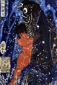 Sakata Kintoki struggling with a Huge Carp in a Waterfall by Utagawa Kuniyoshi