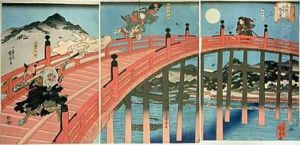 Ushiwaka and Benkei fighting on Gojo bridge by Utagawa Kuniyoshi