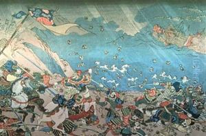 Nichiren summoning the divine Shinpu wind to destroy the Mongol Chinese fleet attacking Japan in 13th century