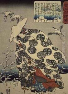 Tokiwa Gozen with her three children in the snow by Utagawa Kuniyoshi