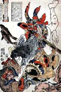 Tameijiro Genshogo fighting an armoured man underwater by Utagawa Kuniyoshi