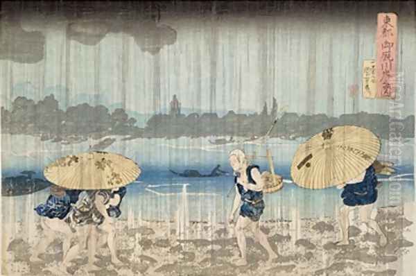 Shower on the Banks of the Sumida River at Ommaya Embankment in Edo - view 1