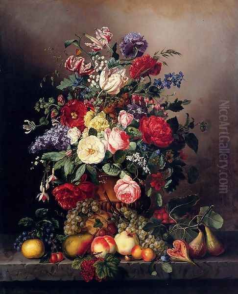 A Still Life With Assorted Flowers, Fruit And Insects On A Ledge - view 1