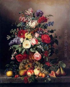 A Still Life With Assorted Flowers, Fruit And Insects On A Ledge by Amalie Kaercher
