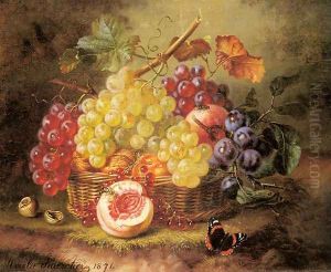 A Still Life with Grapes, Peaches and a Butterfly on a Mossy Bank by Amalie Kaercher