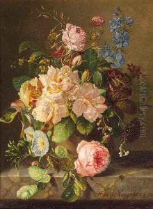 A still life with roses, primulas and morning glory by Amalie Kaercher