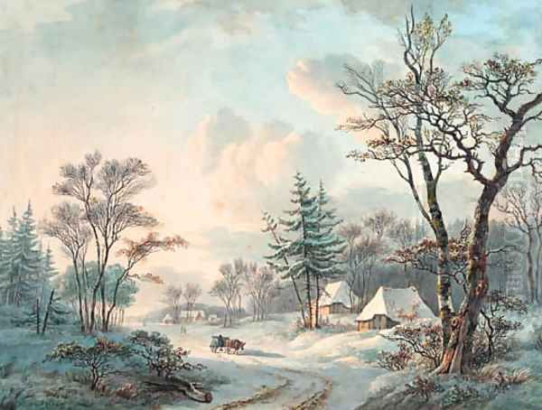 A winter landscape with an ox-cart on a wooded road near a village - view 1