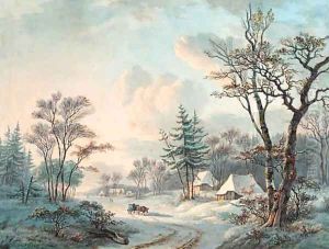 A winter landscape with an ox-cart on a wooded road near a village by Willem De Klerk