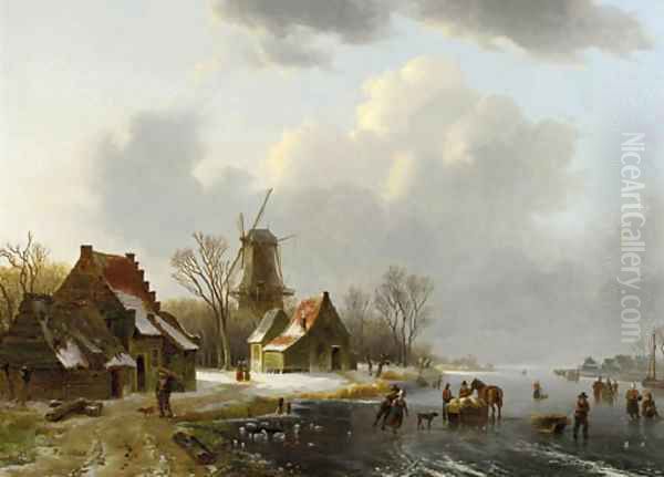 A winterlandscape with peasants on a frozen waterway, with farmhouses and a windmill beyond - view 1