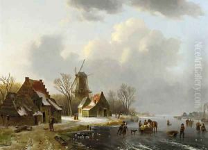 A winterlandscape with peasants on a frozen waterway, with farmhouses and a windmill beyond by Willem De Klerk