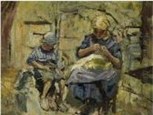 Donna Che Cuce E Bambino by Cesare Ciani