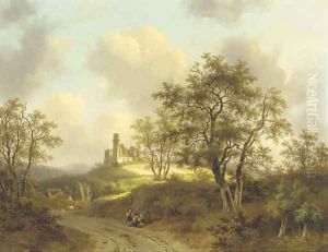 Figures resting on a country road in a wooded landscape by Willem De Klerk