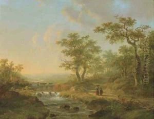 A peasant woman and child on a wooded path by a forest by Willem De Klerk