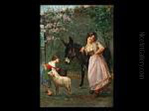 Junge Frau Mit Esel Und Kind Mit Schaf by Cesare Ciani