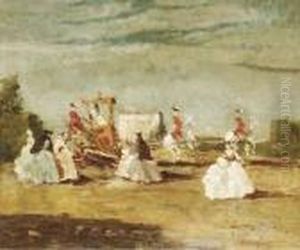 Elegant Ladies In Front Of A Stagecoach by Emma Ciardi
