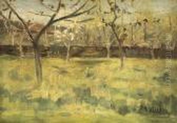 Fruhlingslandschaft Mit Jungen Bluhenden Baumen Auf Grunender Wiese. - view 1