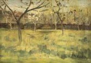 Fruhlingslandschaft Mit Jungen Bluhenden Baumen Auf Grunender Wiese. by Beppe Ciardi