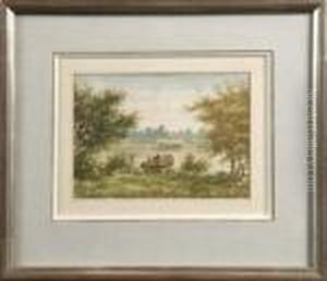 Barque Au Bord D'un Etang by Eugene Ciceri