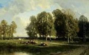 Paysage Aux Bucherons
 Huile Sur Panneau, Signee Et Datee En Bas A Gauche : Eug. Ciceri 1861