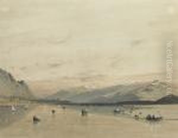 An Extensive Landscape With Pleasure Boats On A Lake, Mountains Seen Beyond - view 1
