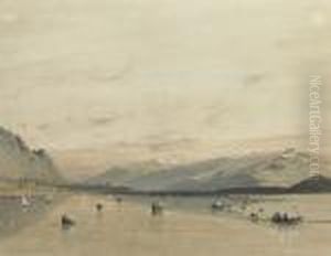 An Extensive Landscape With Pleasure Boats On A Lake, Mountains Seen Beyond An Extensive Landscape With Pleasure Boats On A Lake, Mountains Seen Beyond