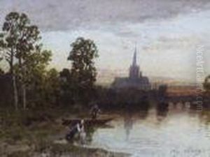 Pecheur Et Lavandiere A La Riviere Sur Fond De Village Au Couchant