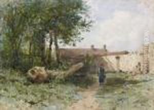 Paysanne Pres Des Murs D'une Ferme by Eugene Ciceri
