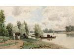 Promeneurs En Barque Au Bord Duloing by Eugene Ciceri