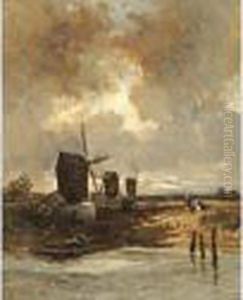 Le Passage Du Bac Pres Des Moulins by Eugene Ciceri