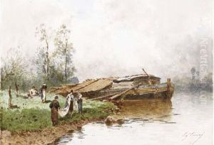Lavandieres Et Pecheurs Au Bord D'une Riviere Lavandieres Et Pecheurs Au Bord D'une Riviere