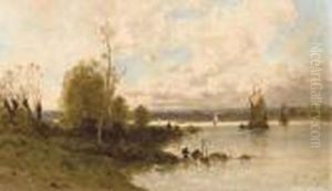 Estuaire Avec Voiliers Et Pecheurs