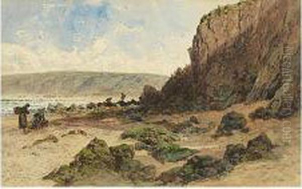 Clamdiggers On A Coast, Beneath Cliffs - view 1