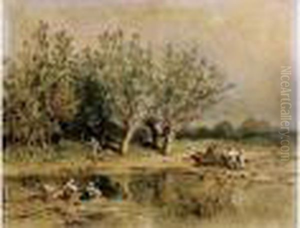 Lavandieres Et Paysans Aupres De La Mare - view 1