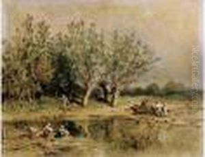 Lavandieres Et Paysans Aupres De La Mare by Eugene Ciceri
