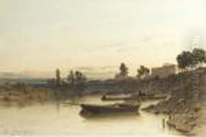 Boats On The River, A House On The Riverbank Beyond by Eugene Ciceri