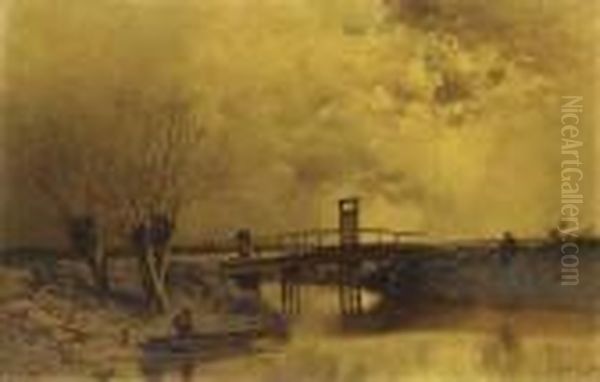Figures By A Wooden Bridge In A River Landscape - view 1