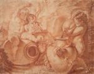 Jeune Satyre A La Flute, Amour Autambourin Et Enfant A La Jarre. by Carlo Cignani