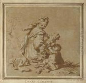 A Young Girl With Two Putti Holding Bunches Of Grapes by Carlo Cignani
