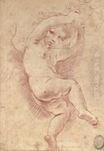 A Flying Putto Holding A Crown Of Laurel by Carlo Cignani