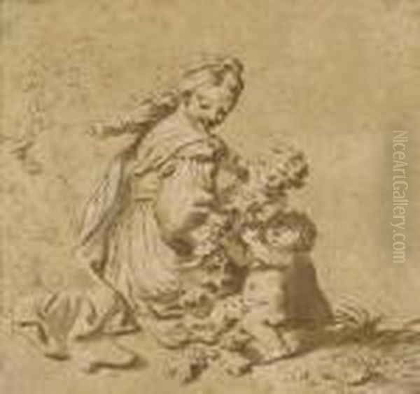 Jeune Fille Assise Dans Un Paysage Avec Deux Putti Tenant Des Grappes De Raisin - view 1
