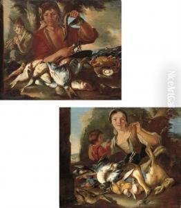 A Fisherman With His Catch, A
Boy Piping And A Coastal Port Beyond; And A Peasant Woman And A Boy With
Dead Game In A Rocky Landscape by Giacomo Francesco Cipper
